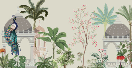 Traditional Mughal Garden Wall mural Illustration, Dome, Peacock, Watercolor Background © Sharif