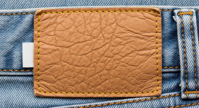 Blank brown leather patch is stitched onto the back of blue denim fabric.
