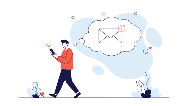 Young man walking and using smartphone to check new email message notification appearing in speech bubble above him.
