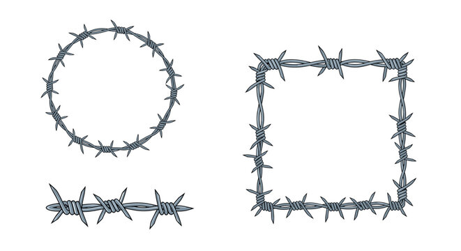 Set of barbed wire elements featuring circle and square frames with straight line segment for security and border concepts.