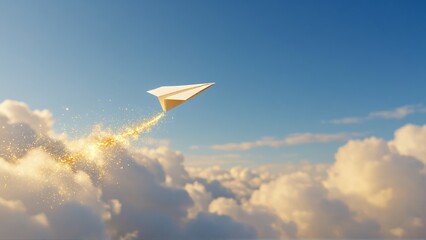 Fototapeta premium Paper airplane flying through clouds with golden sparkles