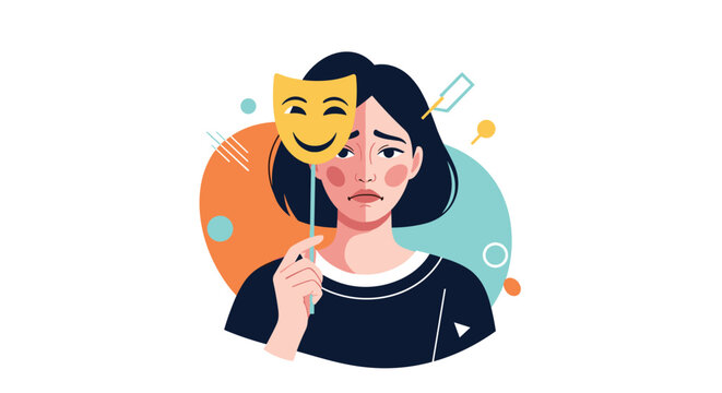 Sad young woman holding a smiling mask in front of her face representing hidden depression and emotional struggle.