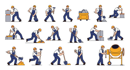 Naklejka premium Collection of construction workers in blue overalls and yellow hard hats performing various tasks with shovels, hammers, and mixers.