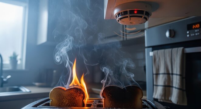 Smoke detector activates as bread burns in a toaster inside a kitchen.