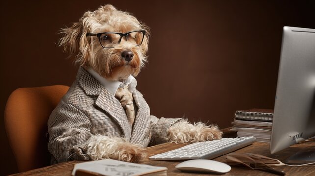 メガネをかけた犬がスーツを着てパソコン作業をしている姿。オフィスやビジネスシーンのユーモラスなイメージ素材