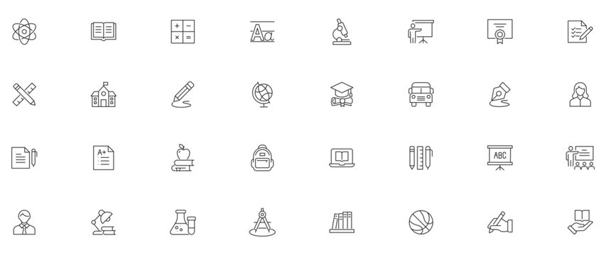 Education Line Editable Icons set. Vector illustration in modern thin line style of school icons: school subjects, supplies, science, and online learning.