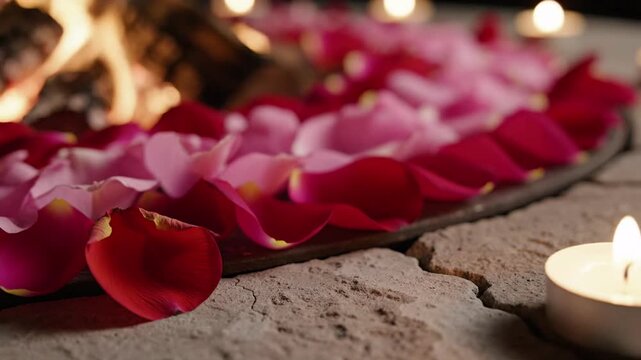 Rows of pink and red rose petals arranged around a fire pit with glowing candles, romantic ambiance, and soft bokeh