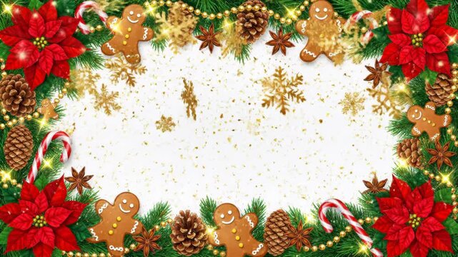 Christmas frame with gingerbread men, poinsettia flowers, pine cones and candy canes isolated on white background
