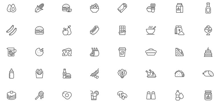 Food and Drink Line Editable Icons set. Vector illustration in thin line style of nutrition related icons: vegetables, fruits, desserts, meat, baked goods, drinks, and more.