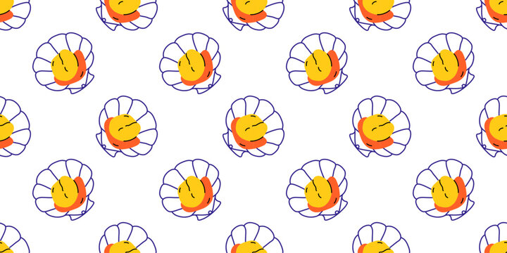 Vector seamless pattern with shell and yellow orange scallop inside, blue outline on white background. Cute marine repeat print for beach textile, wrapping paper and summer kids decor.