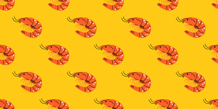 Vector seamless pattern with red shrimp on yellow background. Playful seafood prawn repeat print for summer textile, kitchen decor and restaurant branding design.