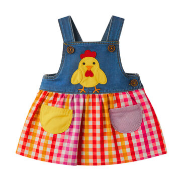 Cute baby chick applique denim pinafore dress with gingham skirt and pockets isolated on transparent background