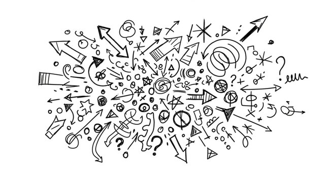Chaotic collection of hand drawn arrows and symbols in black and white.