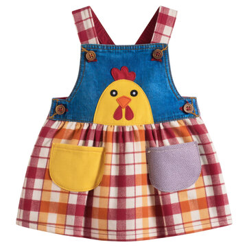 handmade child's chicken themed pinafore dress with denim straps and plaid skirt isolated on transparent background