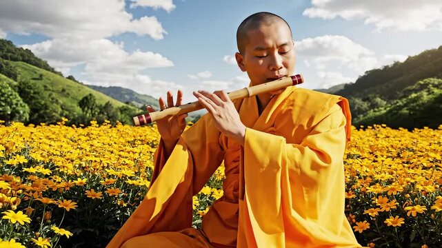 Monk playing flute in flower field ideal for travel vlogs and eco-friendly campaigns