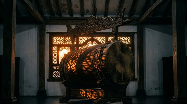 Massive Sacred Bedug Mosque Drum Backlit by Golden Sunset Through Carved Wooden Window
