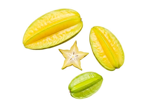Fresh organic starfruit, also known as carambola, whole and beautifully sliced on a transparent background.