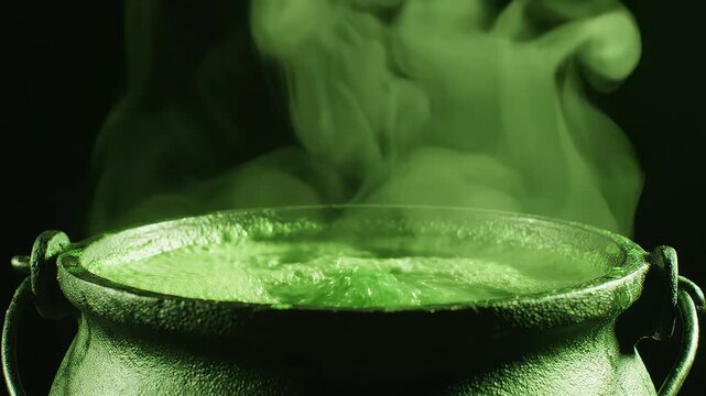 Green bubbling liquid in cauldron highlighting geometric patterns and contemporary art