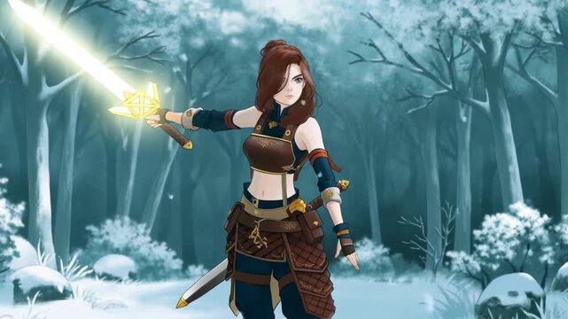 Animated warrior woman in a snowy forest wielding a glowing sword. A symbol of strength and adventure in a fantasy setting