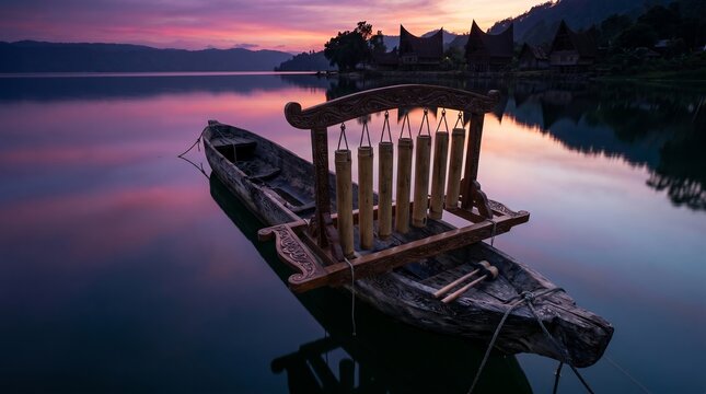 Batak Toba Xylophone Garantung Resting on Lake Toba Boat at Twilight