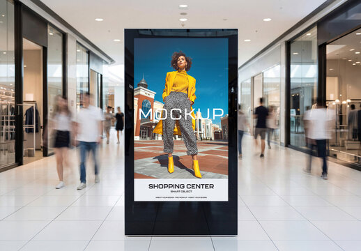 Vertical Billboard Mockup in Bright Shopping Center Interior 