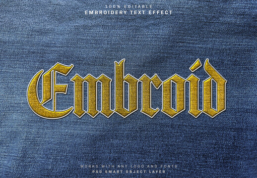 Realistic Colored Embroidery Text Effect on Denim Fabric Texture Mockup