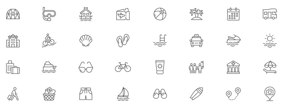 Summer Vacation Editable Icons set. Vector illustration in modern thin line style of travel related icons: sea, surfing, beach, hotel, and more. Pictograms and infographics for mobile apps.