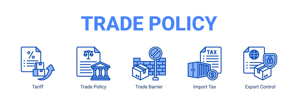Trade Policy web banner icon concept  with Tariff, Trade Policy, Trade Barrier, Import Tax, Export Control.