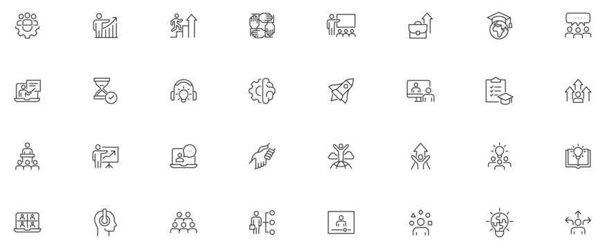 Training and Coaching Line Editable Icons set. Vector illustration in modern thin line style of education related icons: skills, lector, advise, support, and other.