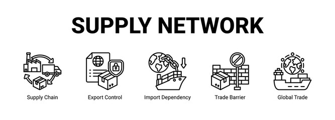 Fototapeta premium Supply Network web banner icon concept, with Supply Chain, Export Control, Import Dependency, Trade Barrier.