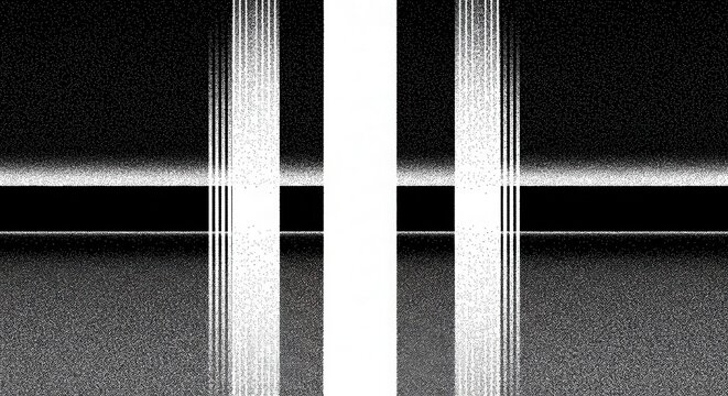 Abstract composition features vertical white streaks intersecting a dark horizontal plane with grainy texture.