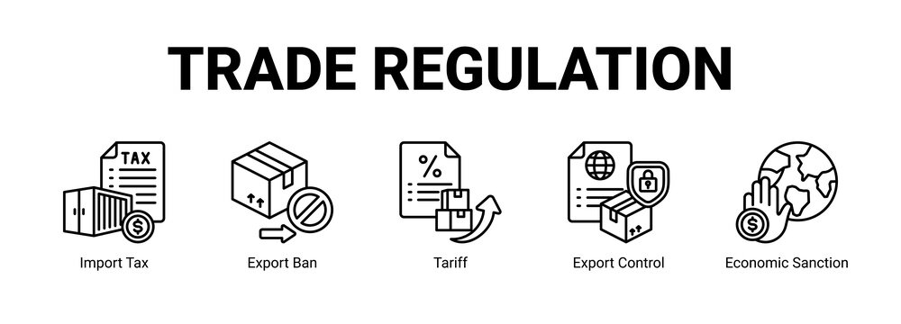 Trade Regulation web banner icon concept, with Import Tax, Export Ban, Tariff, Export Control.