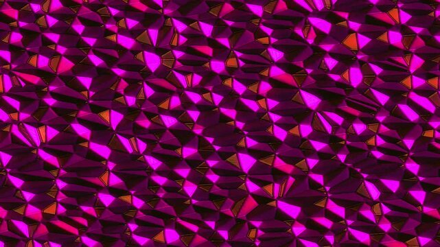 Vibrant abstract geometric pattern with glowing magenta crystal shapes forming a dynamic futuristic surface. The reflective polygons and energetic motion create a bold high-tech visual,