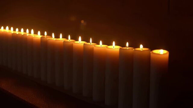 Row of lit candles creating a warm, serene atmosphere. Ideal for meditation, relaxation, and spiritual practices