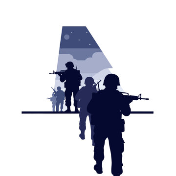 A group of soldiers in silhouette walking forward against a night sky background