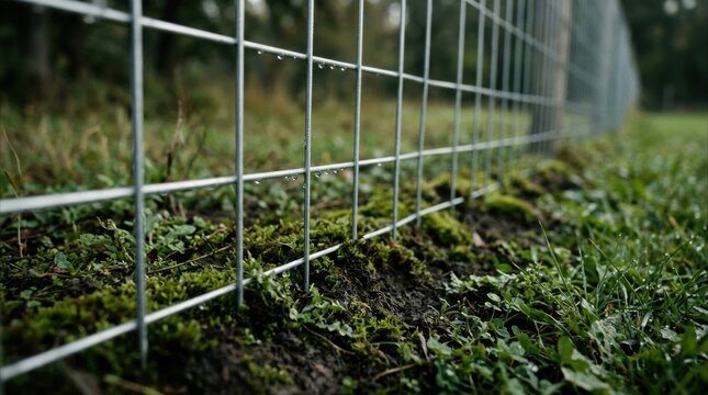 Fence with wire mesh at ground level in a damp green field, silver welded grid, dew beads, moss, clover leaves, dark soil, low perspective countryside enclosure with fresh morning natural detail