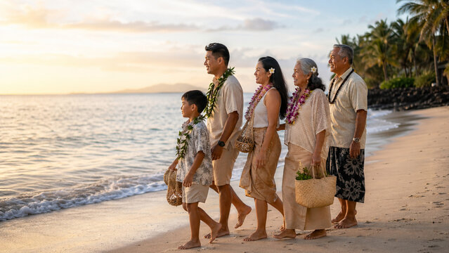 Multi-generational Asian and Pacific Islander family walking along a tropical beach at sunset, celebrating their heritage and cultural connection.