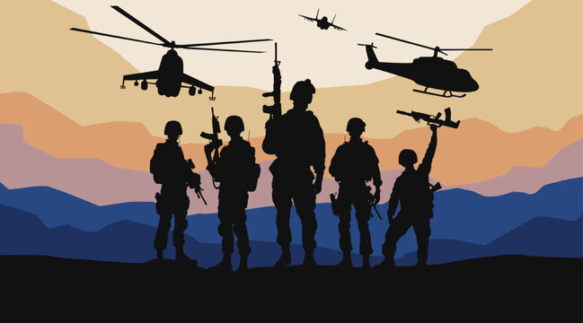 American military army soldier silhouette background with helicopter, airplane and mountain. USA memorial day, fourth of july independence day or victory day banner. Veteran people at war with weapon.