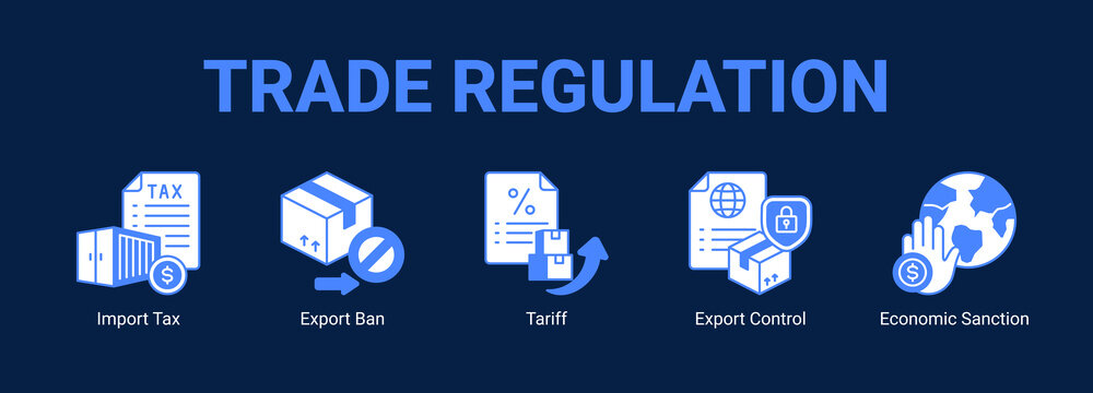 Trade Regulation web banner icon concept, with Import Tax, Export Ban, Tariff, Export Control.