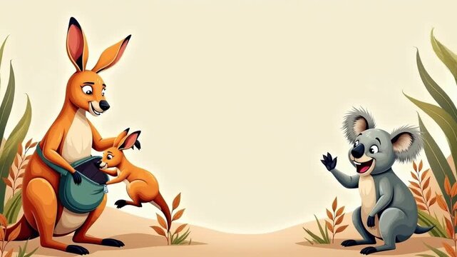 Cute kangaroos and a koala in a cartoon style on a nature background with copy space. A small kangaroo cub hides in a stylized kangaroo mom bag