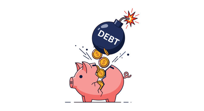 Broken piggy bank under falling debt bomb with burning fuse for financial bankruptcy and crisis concept for economic news.