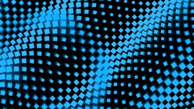Seamless abstract loop with dynamic waves of light blue neon squares on a black background creating a perspective effect. Digital animation of a blue cube grid with a depth effect.