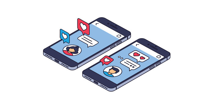 Two smartphones are shown in an isometric view displaying social media notification bubbles with hearts and user profile avatars.