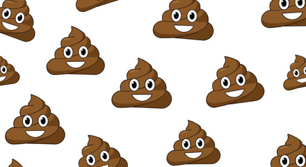 Obraz premium Playful pattern features multiple smiling brown poop emojis with large expressions scattered on a white background.