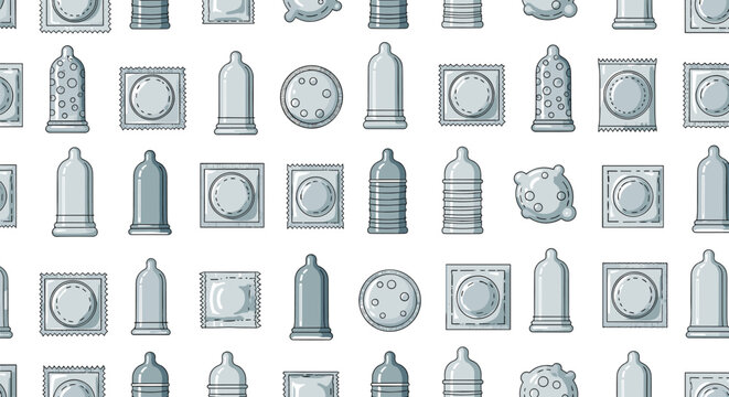 Seamless pattern displays various types of condom packages and individual prophylactic icons in a clean grey color scheme.