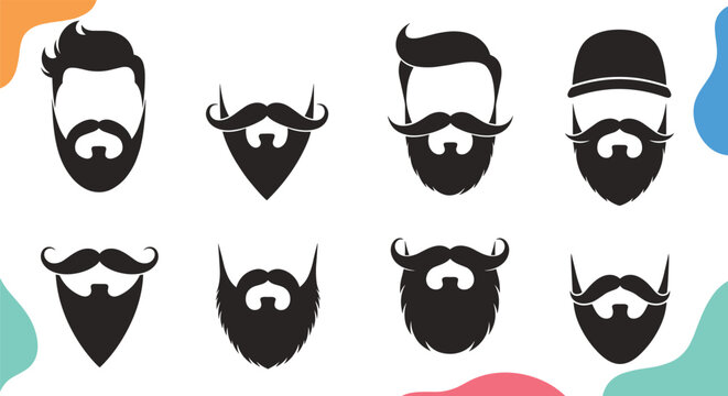 Collection of various beard and mustache silhouettes paired with different men hairstyles on a white background.