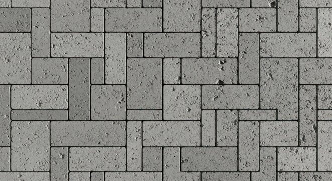 Gray rectangular stone pavers are arranged in an interlocking pattern on a walkway surface.