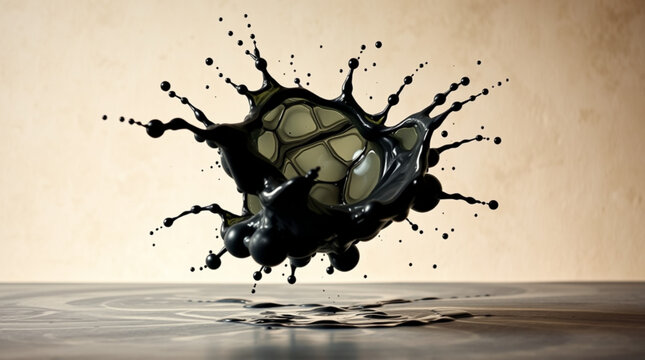 A striking visual of liquid black material frozen mid-air during an energetic splash effect on a reflective dark greyish