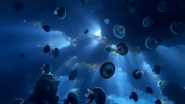 Ethereal underwater scene with jellyfish gracefully floating in sunlit ocean depths. A mesmerizing glimpse into marine life and underwater ecosystems