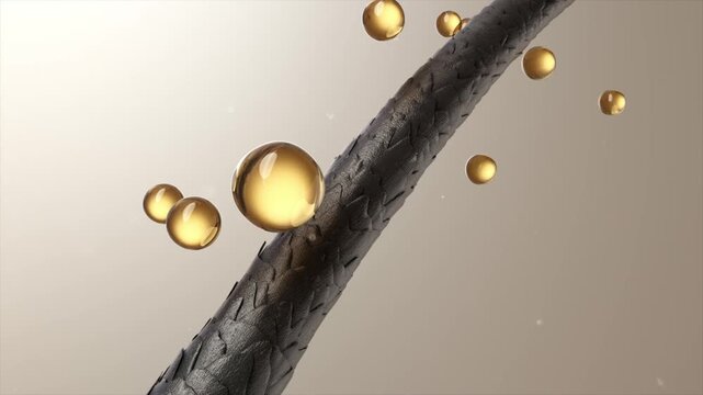 3D hair,Shampoo or conditioner nourishes hair, golden essence ball repairs damaged hair, smooths frizz, makes hair soft, shiny and smooth. Concept of daily care advertisement, 3D animation.